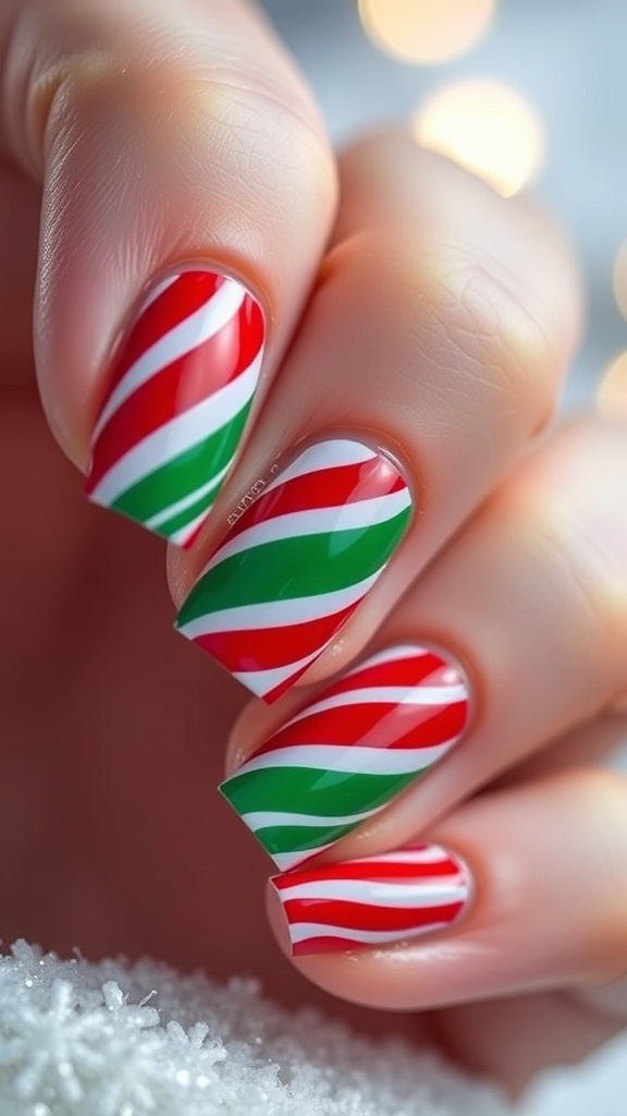 Close-up of red and green candy cane striped nail art on festive nails.